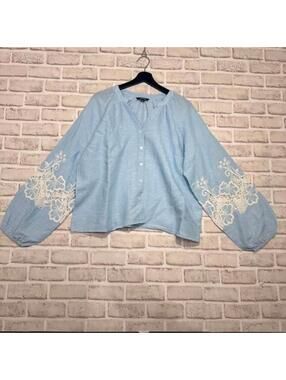 Charlie B Oxford Linen/Cotton Blouse Embroidered Sleeves Women's XL